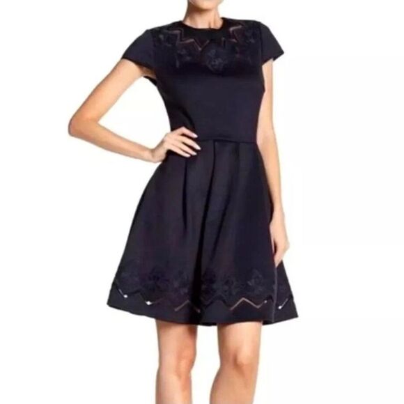 Ted Baker London Cheskka Navy Blue Lace and Mesh Skater Dress Ted Size 4 (US 10) - Picture 2 of 14